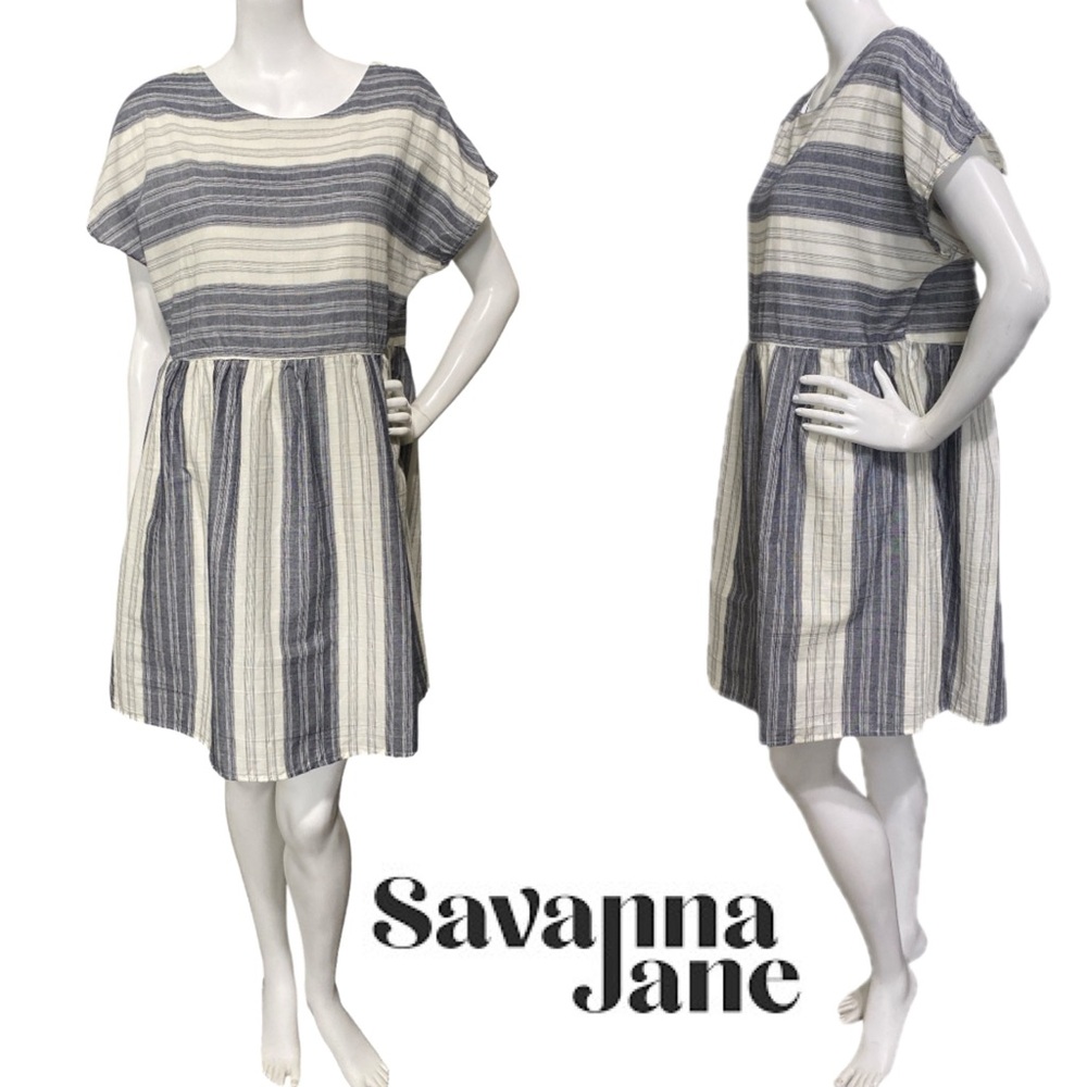 SAVANNA JANE Striped Babydoll Mini Dress Blue Gray White Short Sleeves Sz Medium